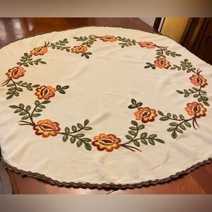 Vintage Hand Embroidered Crewel Floral Linen Round Tablecloth
